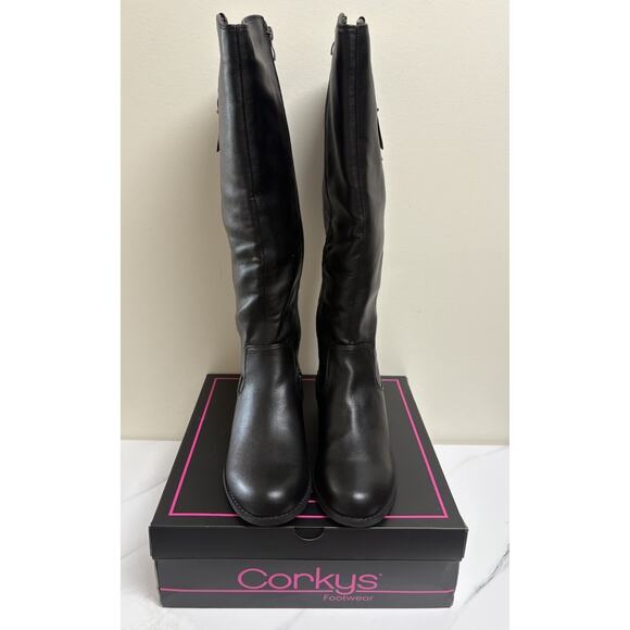 Corkys Hay There Black Tall Riding Boots Women’s Size 9 Side Zip Buckle Strap - Picture 3 of 6